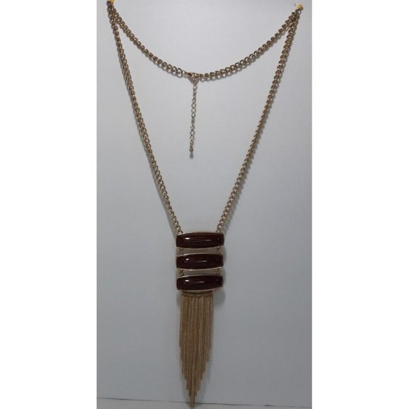 Goldtoned Womans Costume Brown Cabachon Necklace With Fringe - Picture 1 of 5